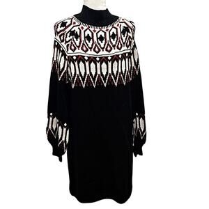 True Craft Womens Knit Black White Maroon Balloon Sleeve Sweater Dress Size L
